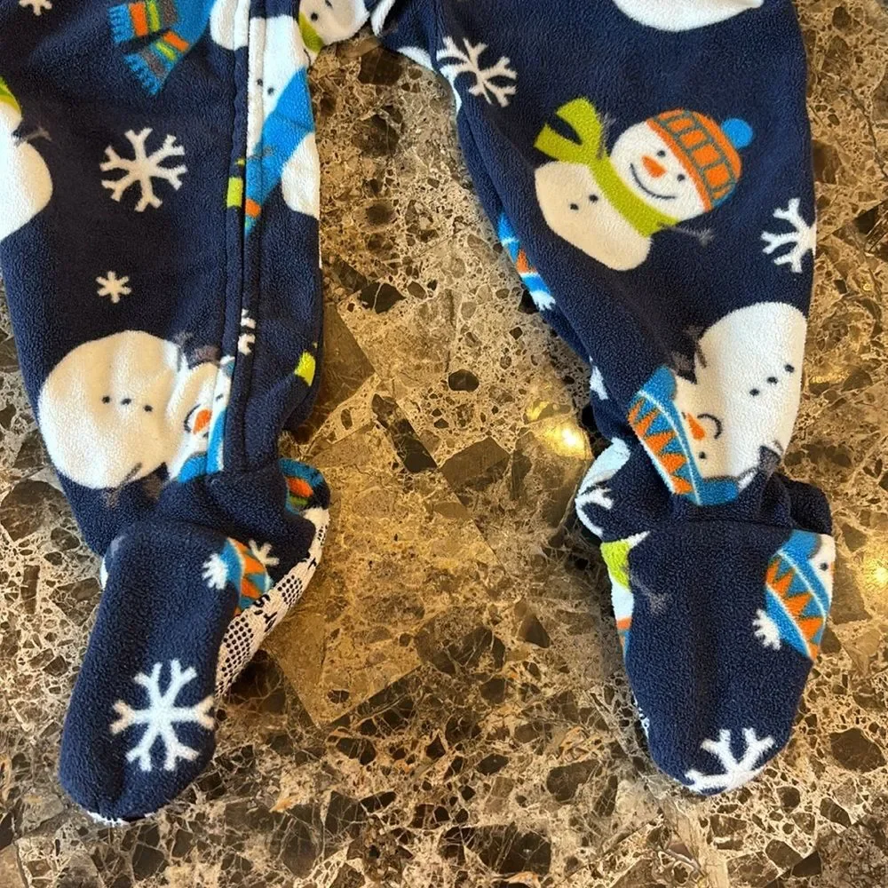 Carter's Snowman Fleece Footed Boys Navy Blue Pajamas Sleeper Pjs Size 12M White
